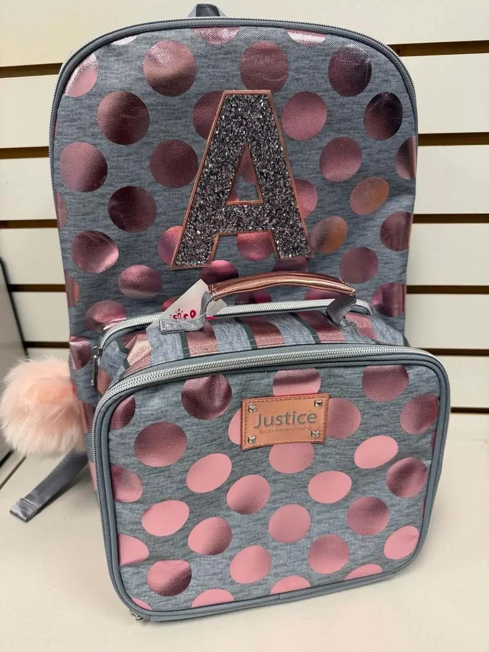 Justice Initial  A Rose Gold Foil Backpack + Lunch Tote Bag NWT